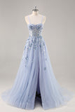 Vestido de fiesta largo con abertura y corsé de tul con lentejuelas sin tirantes azules