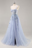 Vestido de fiesta largo con abertura y corsé de tul con lentejuelas sin tirantes azules
