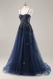 Vestido de fiesta largo con abertura y corsé de tul con lentejuelas sin tirantes azules