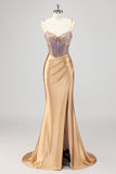 Vestido de fiesta dorado con corsé brillante de sirena con abertura