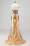 Vestido de fiesta dorado con corsé brillante de sirena con abertura