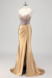 Vestido de fiesta dorado con corsé brillante de sirena con abertura