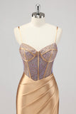 Vestido de fiesta dorado con corsé brillante de sirena con abertura