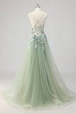 Vestido de fiesta con apliques de lentejuelas verdes de una línea con abertura