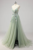 Vestido de fiesta con apliques de lentejuelas verdes de una línea con abertura