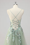 Vestido de fiesta con apliques de lentejuelas verdes de una línea con abertura