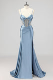 Vestido de fiesta sirena gris azul corsé con cuentas y abertura