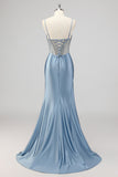 Vestido de fiesta sirena gris azul corsé con cuentas y abertura