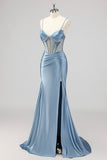 Vestido de fiesta sirena gris azul corsé con cuentas y abertura