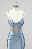 Vestido de fiesta sirena gris azul corsé con cuentas y abertura