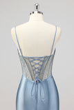Vestido de fiesta sirena gris azul corsé con cuentas y abertura