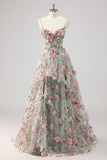 A Line Grey Green Beaded Corsé Largo Vestido de Fiesta con Flores 3D