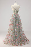 A Line Grey Green Beaded Corsé Largo Vestido de Fiesta con Flores 3D