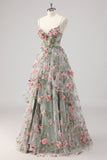 A Line Grey Green Beaded Corsé Largo Vestido de Fiesta con Flores 3D