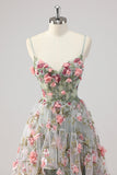 A Line Grey Green Beaded Corsé Largo Vestido de Fiesta con Flores 3D