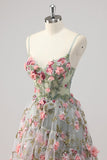 A Line Grey Green Beaded Corsé Largo Vestido de Fiesta con Flores 3D