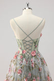 A Line Grey Green Beaded Corsé Largo Vestido de Fiesta con Flores 3D