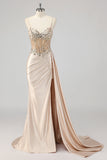 Champán Sirena Lentejuelas Serpentina Lateral Corsé Vestido de Fiesta con Abertura