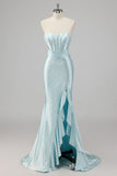 Vestido de fiesta azul con cuentas de sirena sin tirantes