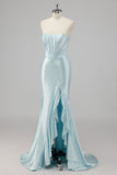 Vestido de fiesta azul con cuentas de sirena sin tirantes