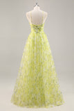 Amarillo Verde Floral Una línea Vestido de Fiesta Largo Cut Out