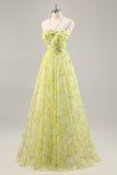 Amarillo Verde Floral Una línea Vestido de Fiesta Largo Cut Out