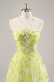 Amarillo Verde Floral Una línea Vestido de Fiesta Largo Cut Out