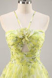 Amarillo Verde Floral Una línea Vestido de Fiesta Largo Cut Out