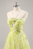 Amarillo Verde Floral Una línea Vestido de Fiesta Largo Cut Out