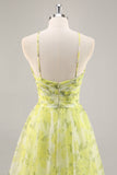 Amarillo Verde Floral Una línea Vestido de Fiesta Largo Cut Out