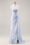 Corsé de sirena floral azul vestido largo de dama de honor con abertura