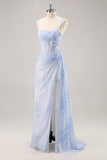 Corsé de sirena floral azul vestido largo de dama de honor con abertura