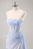 Corsé de sirena floral azul vestido largo de dama de honor con abertura