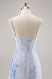 Corsé de sirena floral azul vestido largo de dama de honor con abertura
