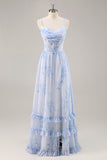 Corsé Floral Azul Vestido Largo de Dama de Honor de Gasa con Abertura