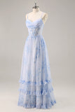 Corsé Floral Azul Vestido Largo de Dama de Honor de Gasa con Abertura