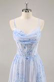 Corsé Floral Azul Vestido Largo de Dama de Honor de Gasa con Abertura