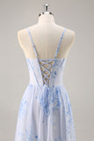 Corsé Floral Azul Vestido Largo de Dama de Honor de Gasa con Abertura
