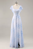Vestido de dama de honor largo con cuello redondo floral de gasa azul y volantes