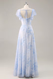 Vestido de dama de honor largo con cuello redondo floral de gasa azul y volantes