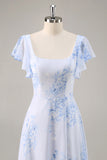Vestido de dama de honor largo con cuello redondo floral de gasa azul y volantes