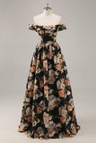 Vestido largo de dama de honor fruncido floral negro brillante con abalorios