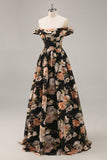 Vestido largo de dama de honor fruncido floral negro brillante con abalorios