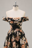 Vestido largo de dama de honor fruncido floral negro brillante con abalorios