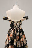 Vestido largo de dama de honor fruncido floral negro brillante con abalorios