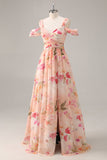 Vestido largo de dama de honor fruncido floral rosa con abertura