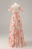 Vestido largo de dama de honor fruncido floral rosa con abertura