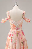 Vestido largo de dama de honor fruncido floral rosa con abertura