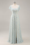 Vestido largo de dama de honor con volantes de gasa floral azul con abertura