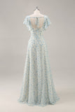 Vestido largo de dama de honor con volantes de gasa floral azul con abertura